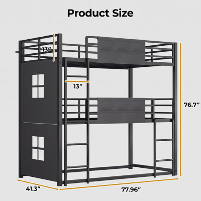 Twin Size Triple Bunk Bed with 2 Side Storage Pockets, Black Metal Open-Frame with Double Window Guardrails, Space-Saving 3-Tier Bed for Shared Bedrooms & Compact Spaces