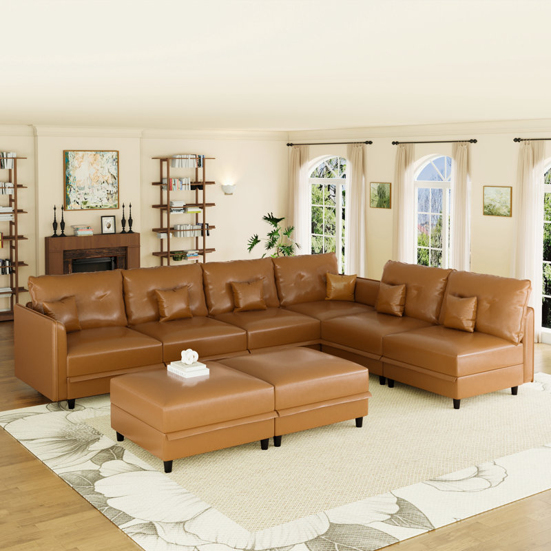 Tomario Upholstered L-Shaped Sectional Reversible, Brown Faux Leather