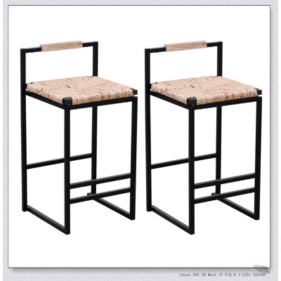 Set of 2 Water Hyacinth Woven Bar Stools with Back Support for Comfortable and Stylish Counter Height Seating in Kitchen, Home, or Office
