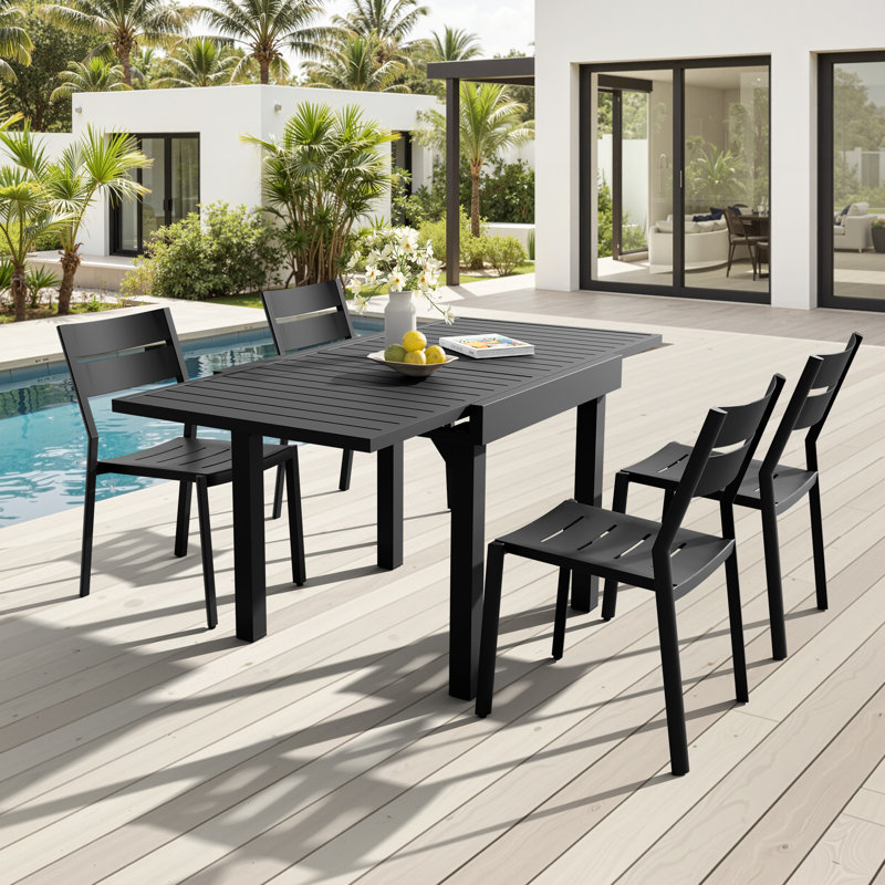 Ensemble de salle à manger extensible rectangulaire en aluminium pour 4 personnes avec chaises empilables