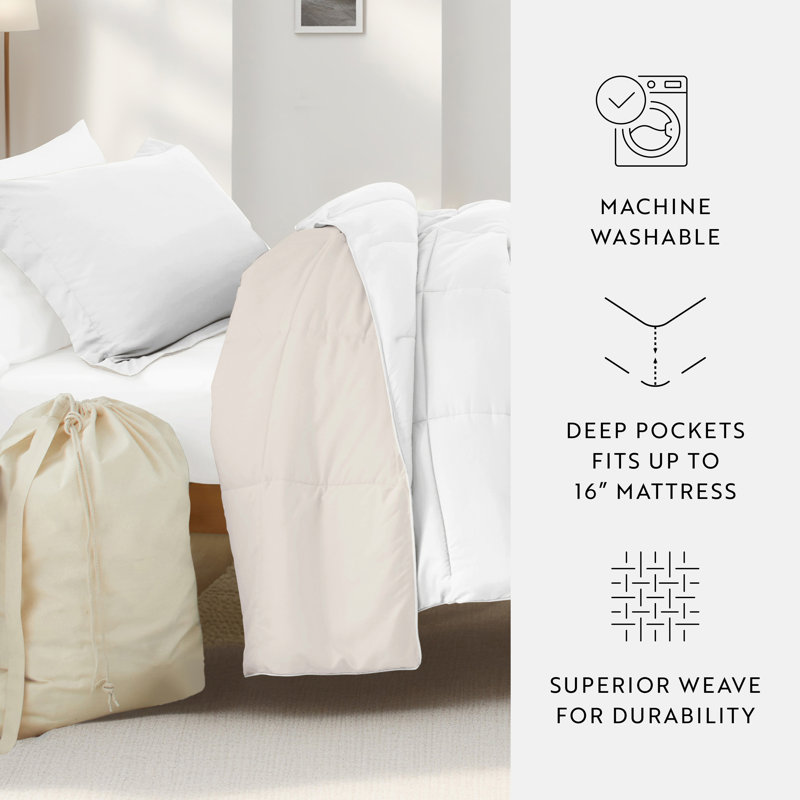 8-PC College Dorm Twin XL Bedding Bundle - Comforter Set, Sheet Set, Pillows and Laundry Bag, White / Ivory