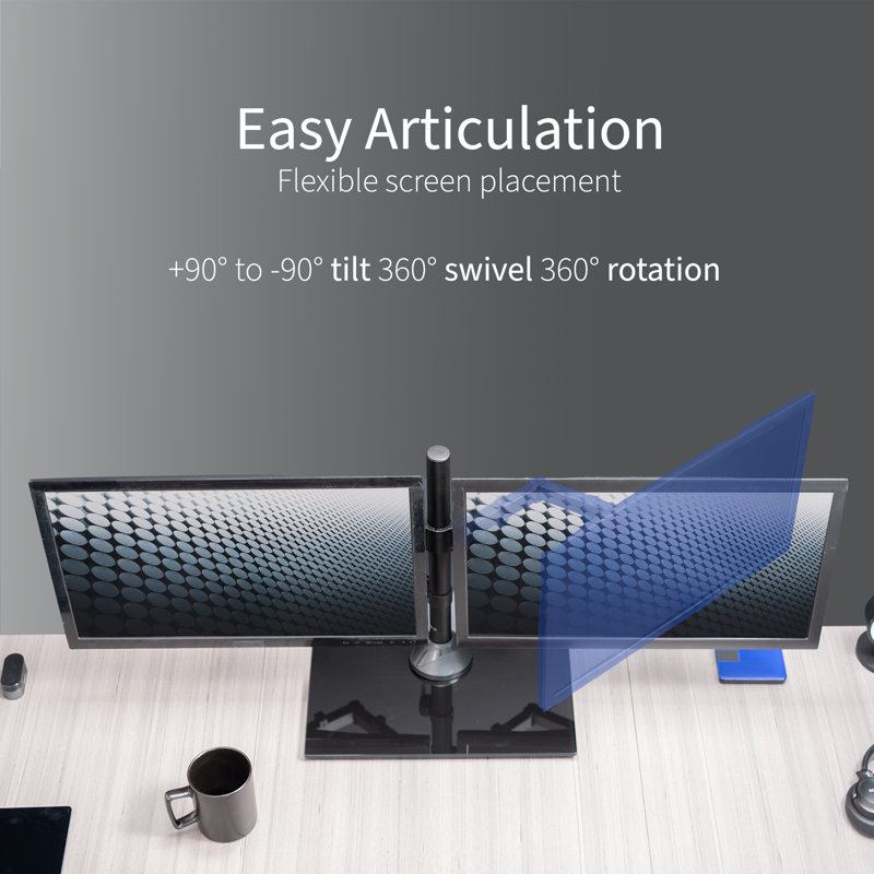 Black Dual Monitor Stand with Tempered Glass Base and Adjustable Arms