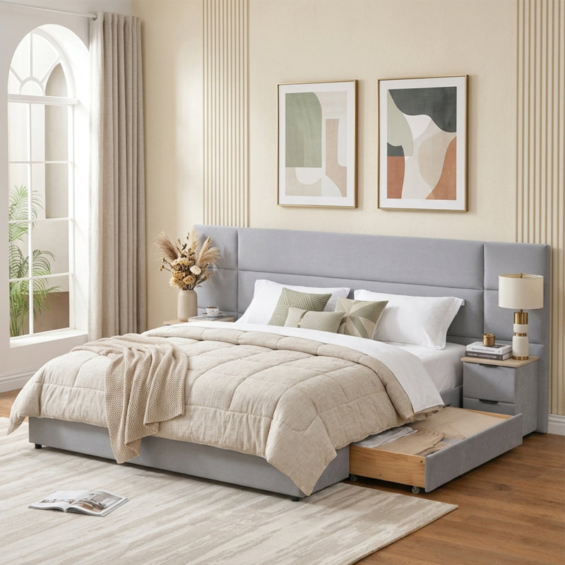 Lit plateforme moderne capitonné avec tête de lit capitonnée, tiroirs de rangement et tables de chevet indépendantes, format King, velours gris pâle