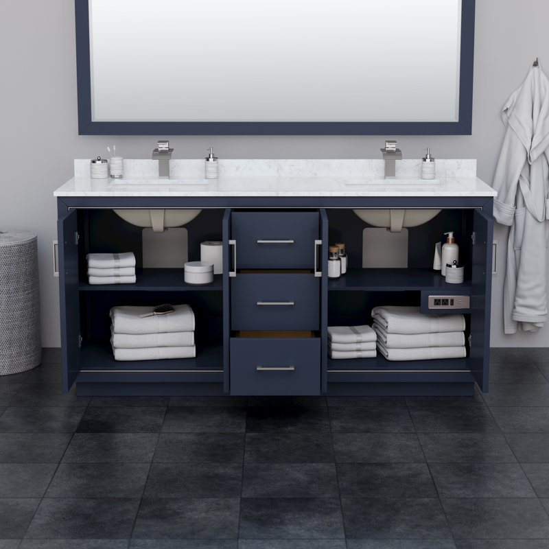 Icon 72" Double Bathroom Vanity Set, Dark Blue, Carrara, Brushed Nickel