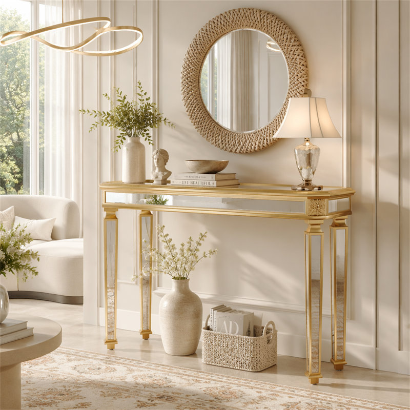 Miroir console rétro en grain de bois, H 32,68 po x l 48 po x P 14 po, Argent / or, argent, Or, argent