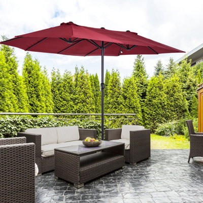 Parasol de patio double 15 pi, protégé - rouge vin pour arrière-cour, terrasse, parasol très grand à usage piscine, double, auvent respirant