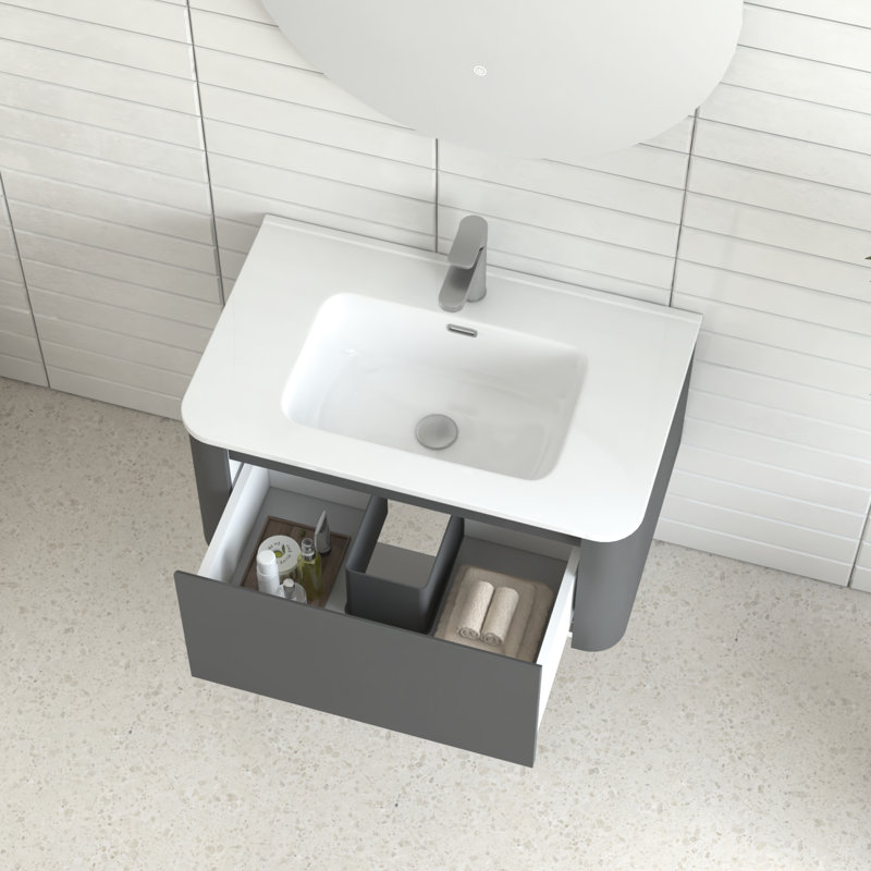 Meuble-lavabo flottant gris de 30 po avec lavabo en céramique blanc, poignée angulaire à 45 po pour poignée, tiroir à fermeture en douceur, contreplaqué imperméable, rangement organisé, conception américaine, installation murale rapide
