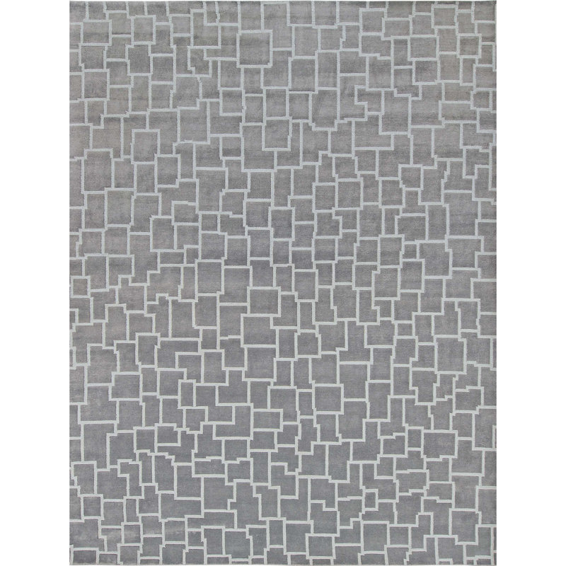 Hand Knotted Geometric Area Rug in Gray/White, Rectangle 8' x 10'