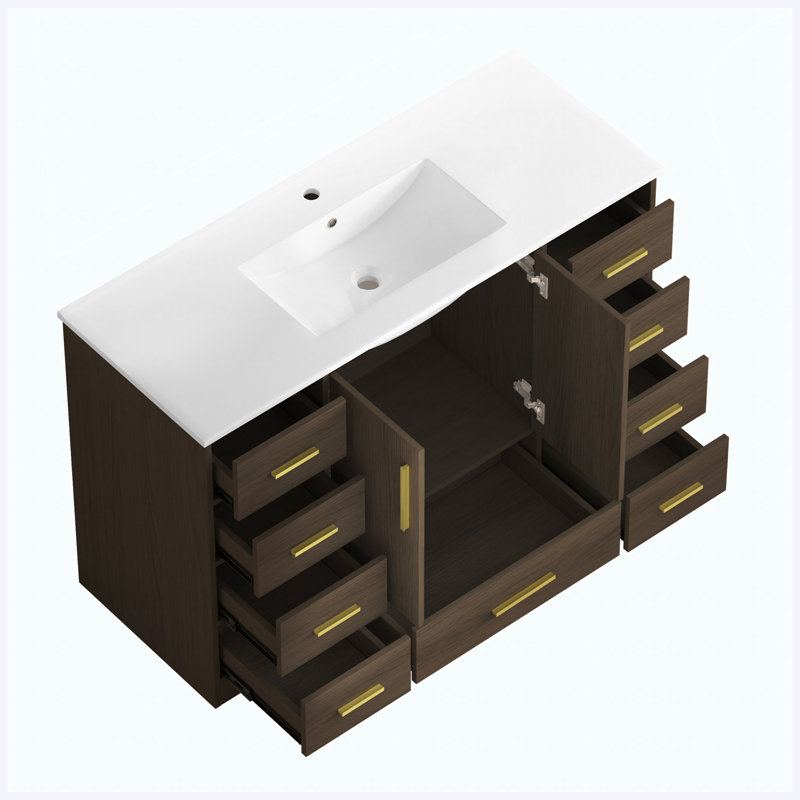 Armoire de salle de bain 48 po brun foncé avec rangement abondant, 2 portes à fermeture douce et 9 tiroirs pleine extension