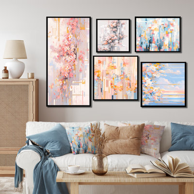 Contemporary Cherry Blossom Bold Stripes - Ensemble de 5 reproductions d'art sur toile cerise