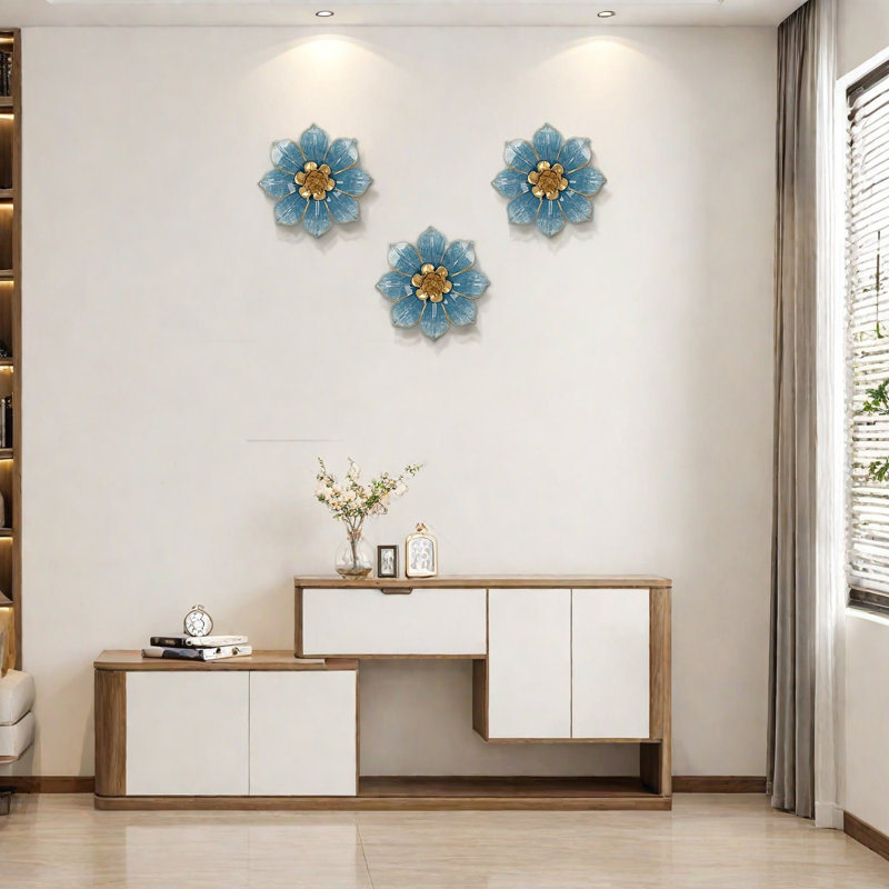 Metal Flowers Wall Decor Hanging 3 Pcs, Blue
