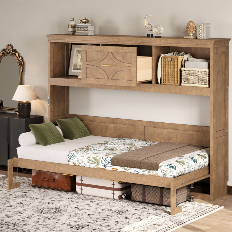 Lit escamotable simple avec station de charge intégrée, tiroir de rangement et structure en bois massif rustique, couleur bois