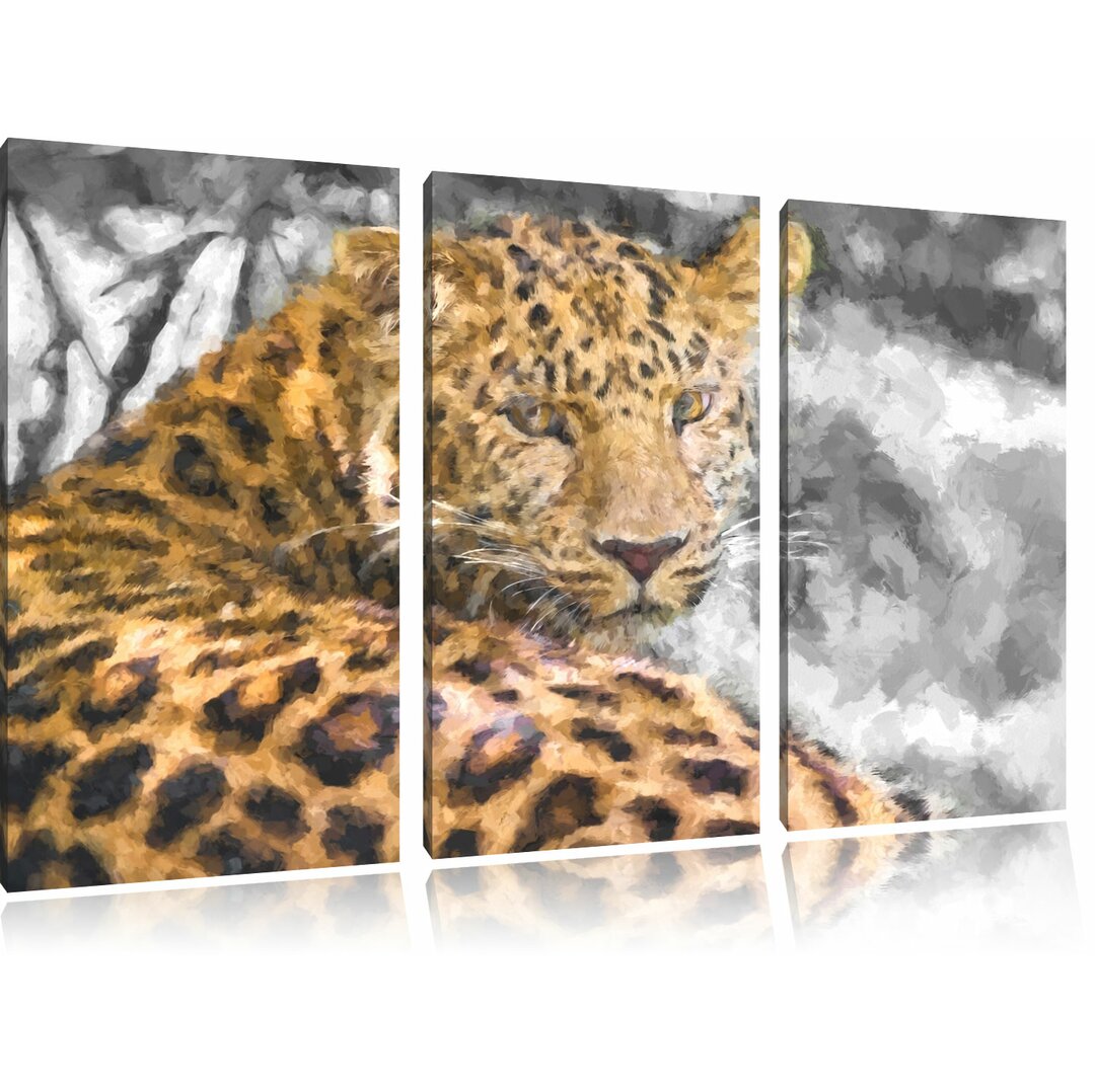 3-tlg. Leinwandbilder-Set „Schöner aufmerksamer Leopard im Schatten“, Kunstdruck