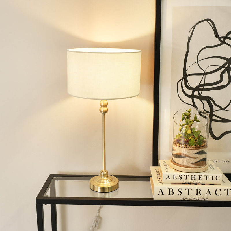 Saylorsburg Metal Table Lamp, No, White Fabric, Gold