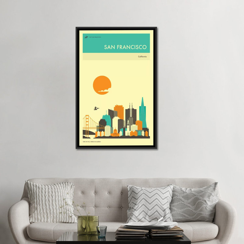 «San Francisco Skyline II», impression sur toile, H 60 po x l 40po x P 1,5 po, Toile avec cadre noir, Pas de tapis