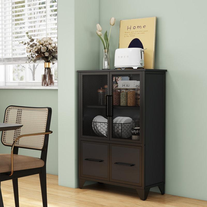Storage Cabinet With 4 Iron Doors,Black Sturdy Metal Frame and Metal Legs, Black
