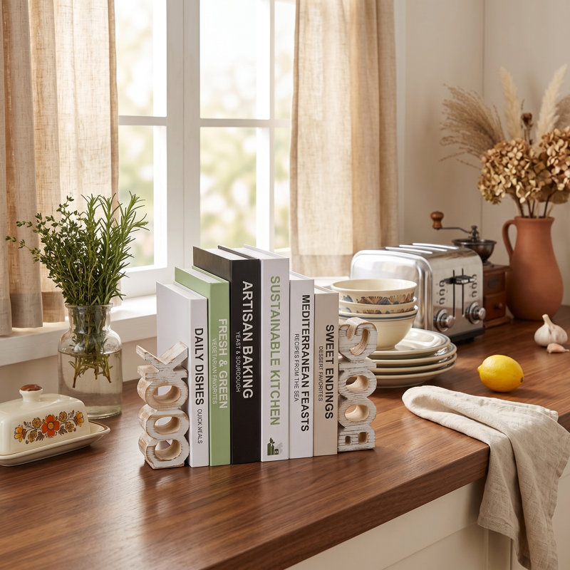 Set of 2 Whitewashed Wood Cookbook Bookends, Rustic "Cook & Books" Kitchen Decor