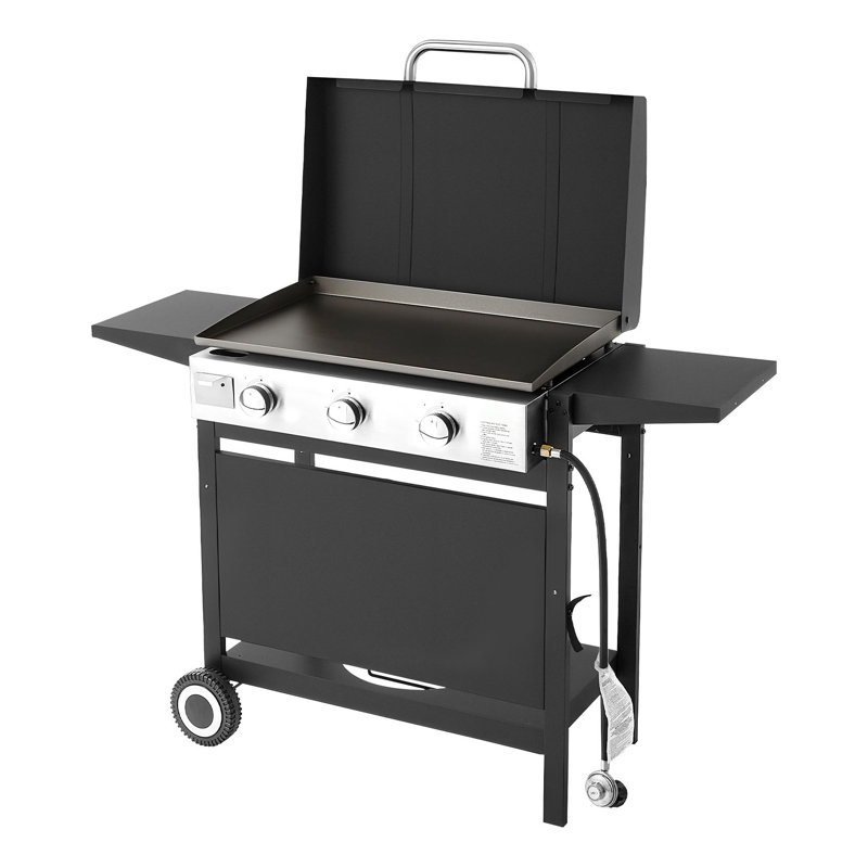 Plaque chauffante au gaz propane à 3 brûleurs avec couvercle - Barbecue portatif à surface plane pour barbecue, camping et patio