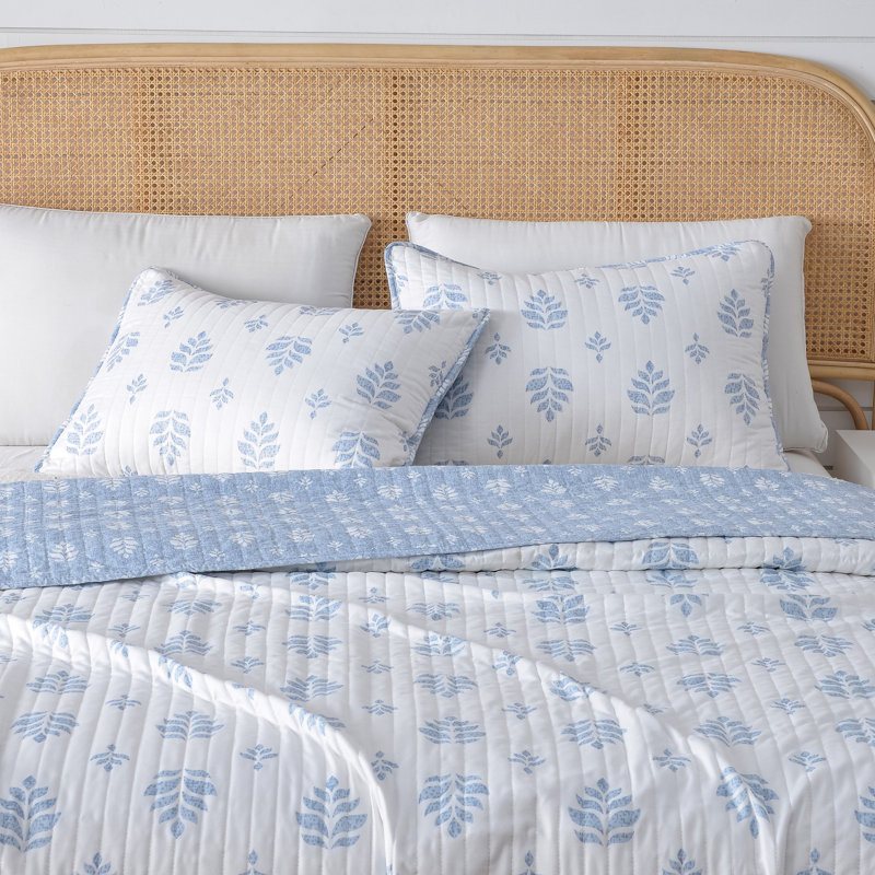 Blue and White Microfiber Full Quilt Set with Reversible Shams