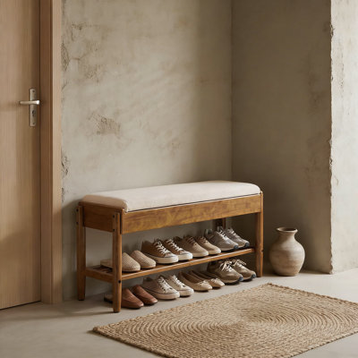Banc à chaussures en bois massif avec siège de rangement et compartiment rabattable, range-chaussures à 2 niveaux pour l'entrée, le couloir et le salon