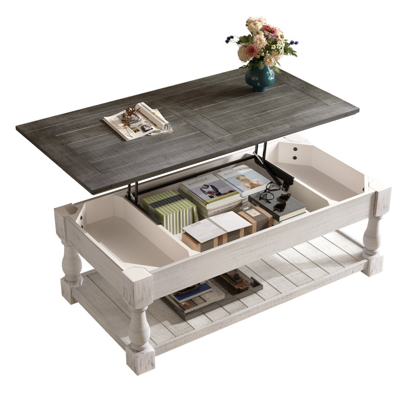 Lift Top Coffee Table With Fixed Shelf - 3 Hidden Storage Trays, Handcrafted Solid Wood Splice Tabletop, Versatile Two-Tier Living Room Table, Antique Brown & Antique White