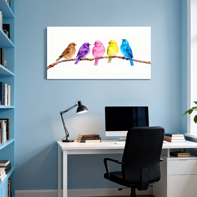 Animaux, oiseaux colorés sur une branche, reproduction d'art, H 16 po x l 32 po