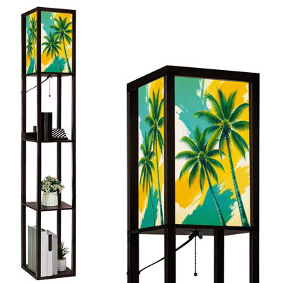 Lampe sur pied DEL à intensité variable, motif de palmiers tropicaux sur fond de coups de pinceau éclatants, structure en MDF, télécommande, 3 couleurs d'éclairage, idéal pour le salon ou la chambre.