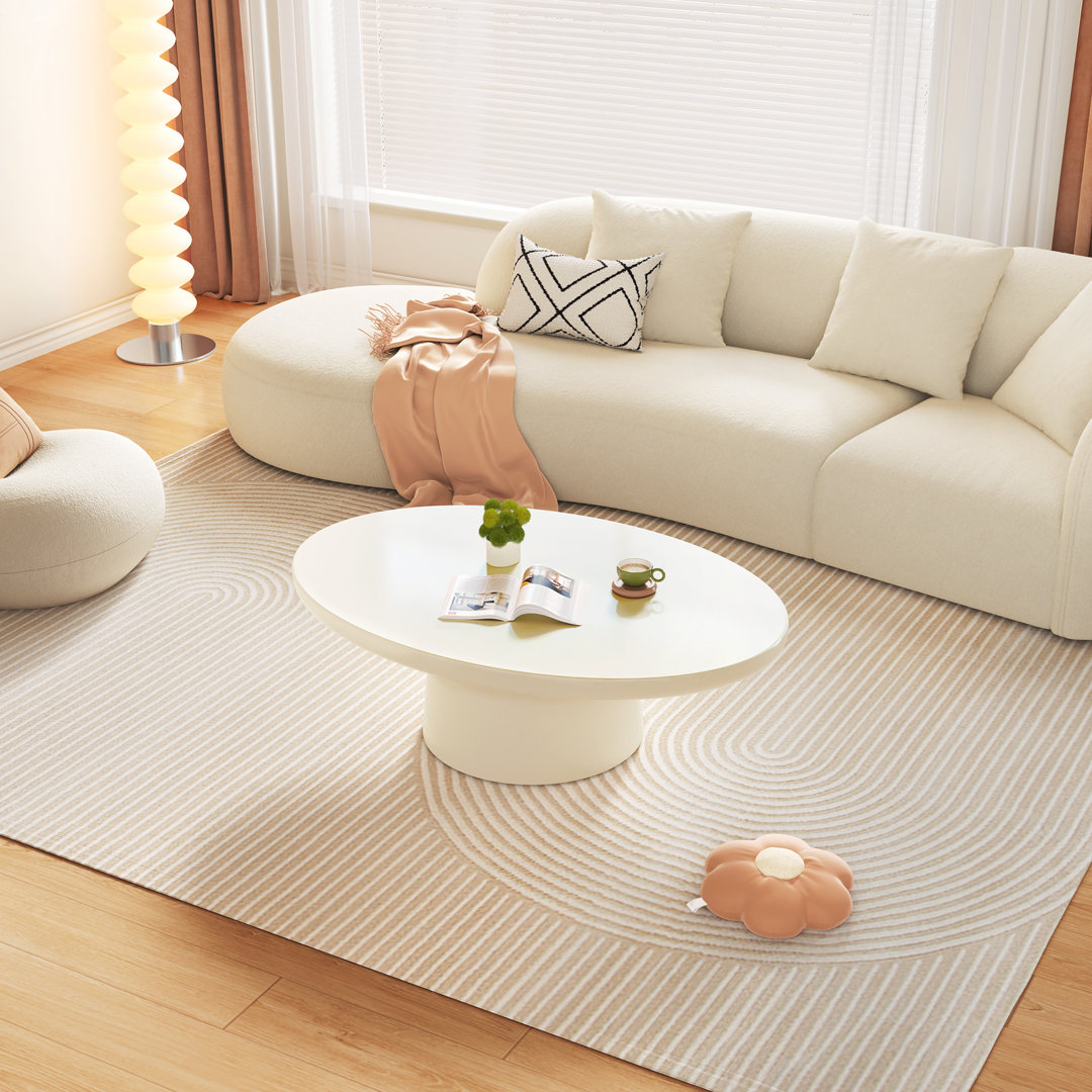 Guyii Cream White Pedestal Oval Coffee Table, Low Coffee Table for Small Spaces