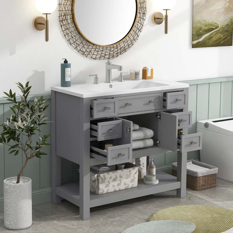 Meuble-lavabo simple 35,2 po avec lavabo, gris