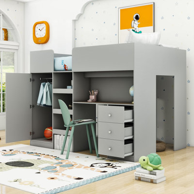 Full Wooden Loft Bed With Wardrobe, Desk And Drawers