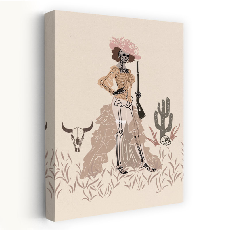 Elegant Skeleton Cowgirl Elegant Gothic Vintage Bull Cactus Landscape Nature Wall Art Print 1 Piece Wrapped Canvas Wall Art