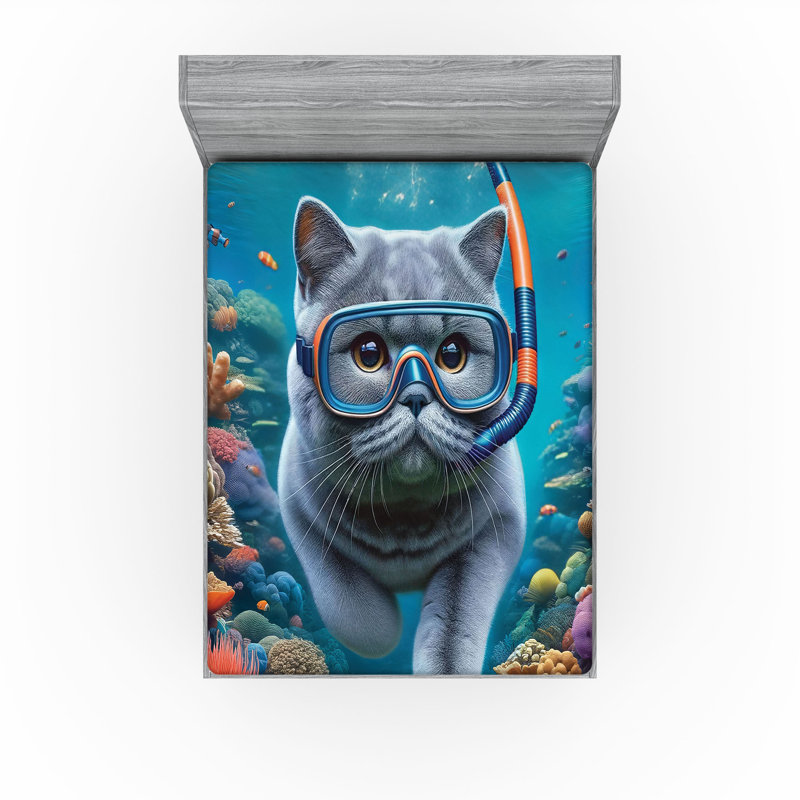 Drap-housse nautique Ambesonne_ Chat plongeur dans l'océan_ Turquoise multicolore, Drap-housse très grand californien