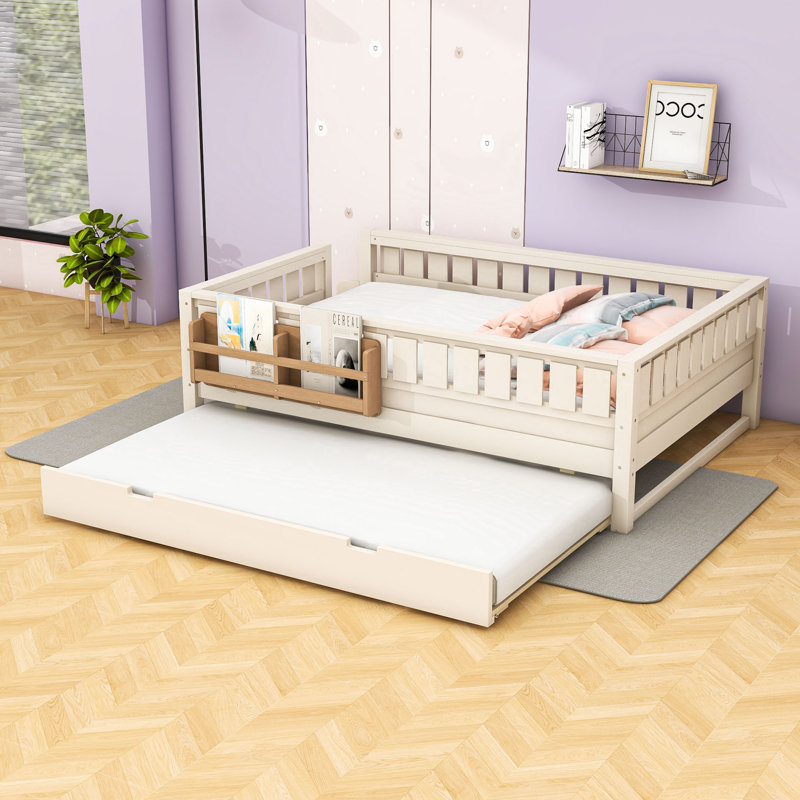 Charmant lit plateforme avec bibliothèque de chevet et lit gigogne coulissant, Beige, Full