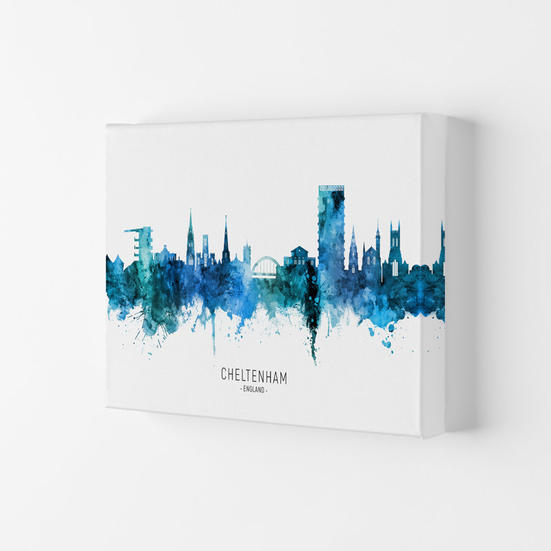 Cheltenham England Skyline Blue City Name by Michael Tompsett - 1 Piece Wall Art, 29.7cm H x 42cm W x 4cm D, Wrapped Canvas