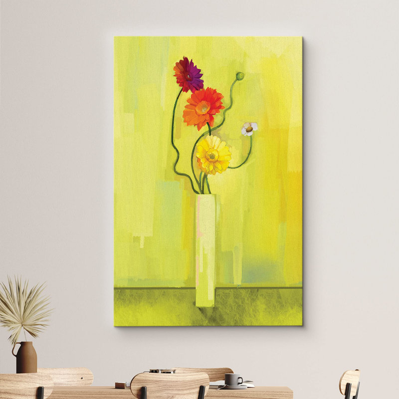 «Flower Blossom», «Watercolor Effect, marguerites mauves, rouges et jaunes, illustrations botaniques modernes, art rustique» sur toile