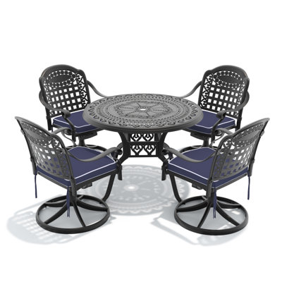 Ensemble de salle à manger 5 pièces en aluminium coulé résistant aux intempéries, comprenant 4 chaises pivotantes et une table ronde de 39,37 po avec structure noire