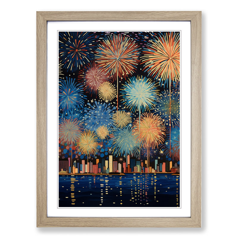 Fireworks Art Deco No.2 - Single Picture Frame Print on Wood, 46cm H x 34cm W x 2cm D, Oak