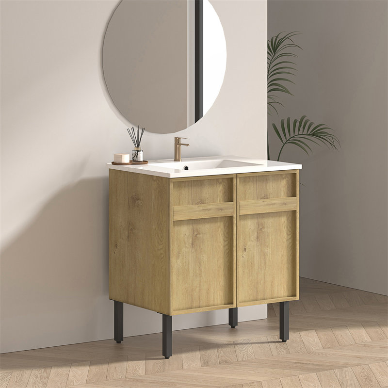Meuble-lavabo sur pied de 30 pouces avec panneau rainuré 3D et lavabo en céramique intégré, écologique et durable