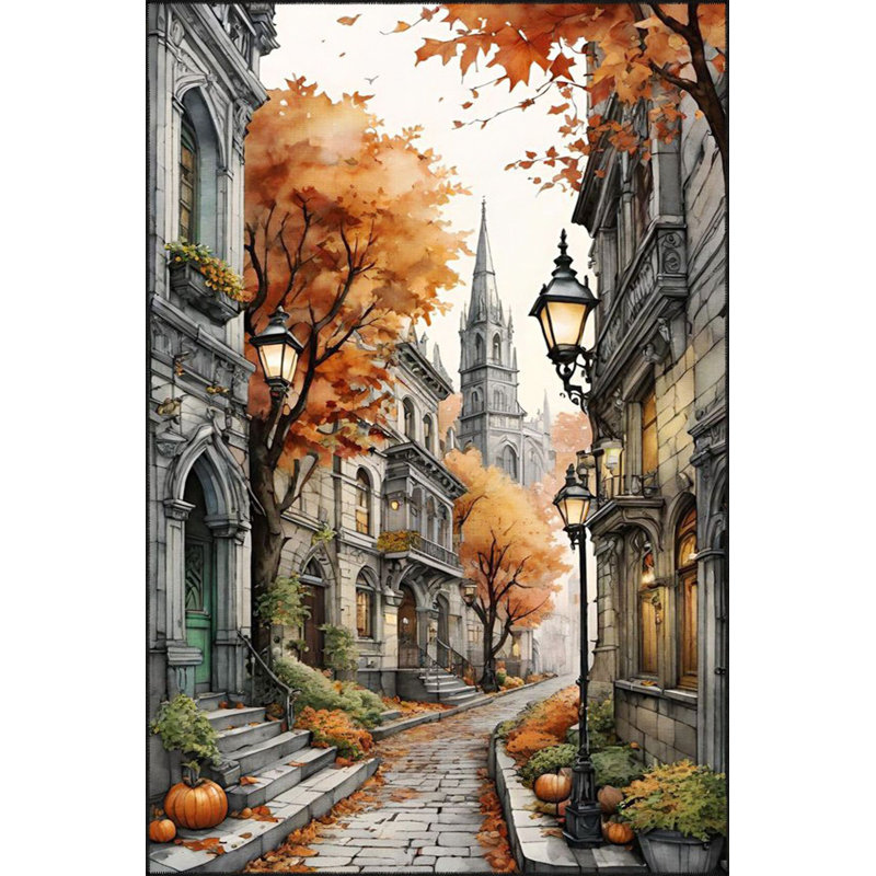 Leaf and Building Patterned Woven Base Machine Washable Rug, Runner 2'6" x 6'7" Rug Pad Included