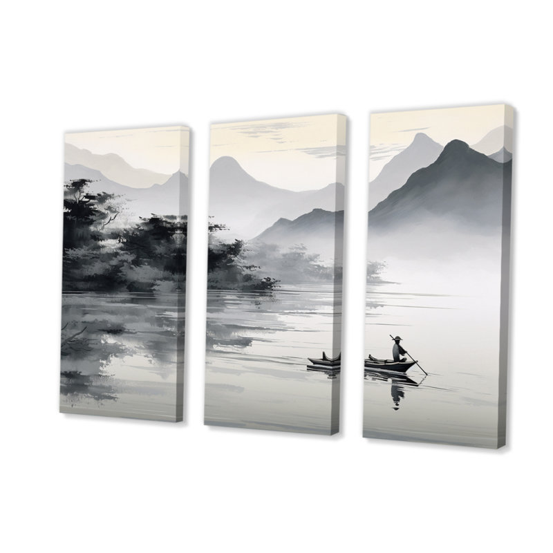 Asian Art Canoe Boat I - 3 pièces sur toile tendue, H 40 po x l 60 po x P 1 po