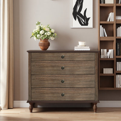 Large 4-Drawer Chest With Solid Wood Foot, Dresser With Brushed & Metal Drawer Knobs, Antique Design For Bedroom