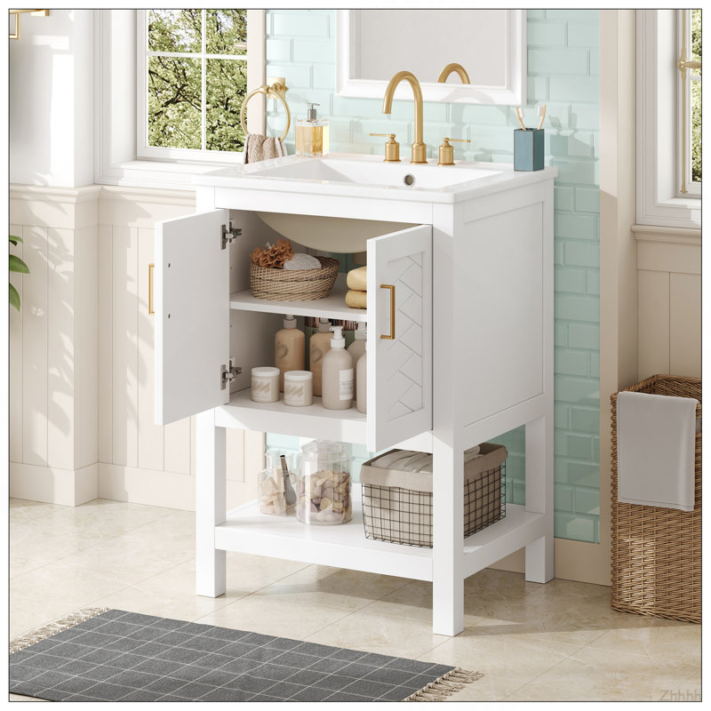24" Modern Bathroom Vanity With Elegant Twill Design & Soft-Close Hinges, Bathroom Cabinet With Back Open Structure, Adjustable Shelf