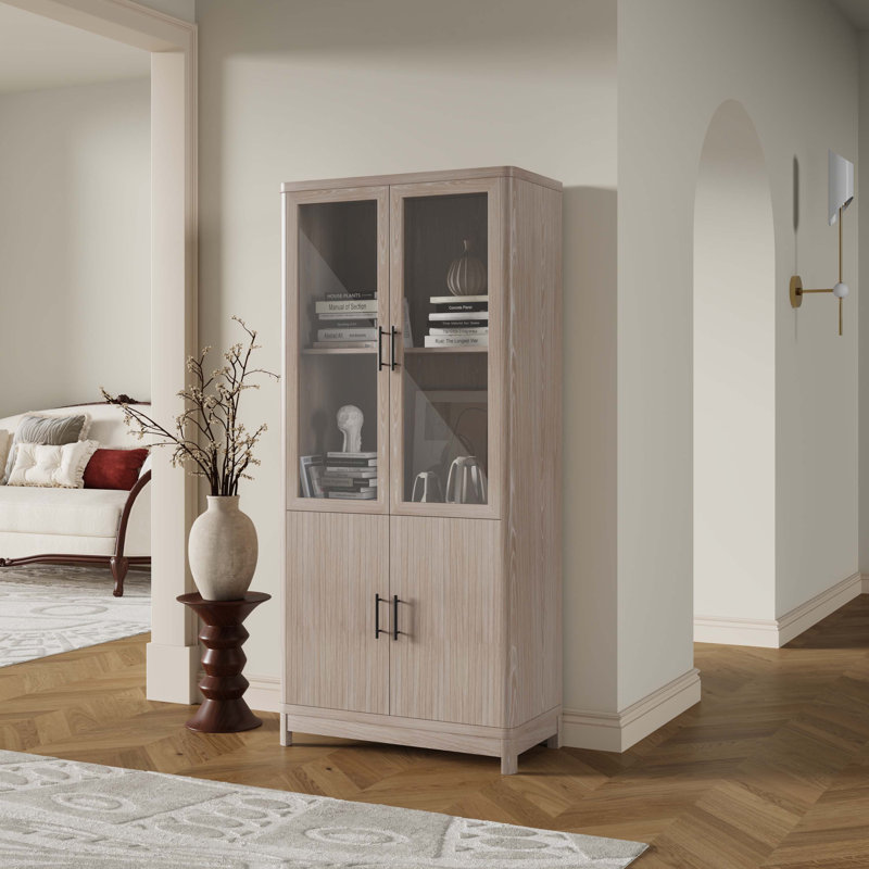 Jodie Bookcase with Adjustable Shelves and Tempered Glass Doors, White Washed Oak