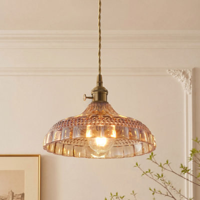 Luminaire suspendu en laiton poli avec cordon réglable et abat-jour en verre ambré 1-E26, homologué ETL,