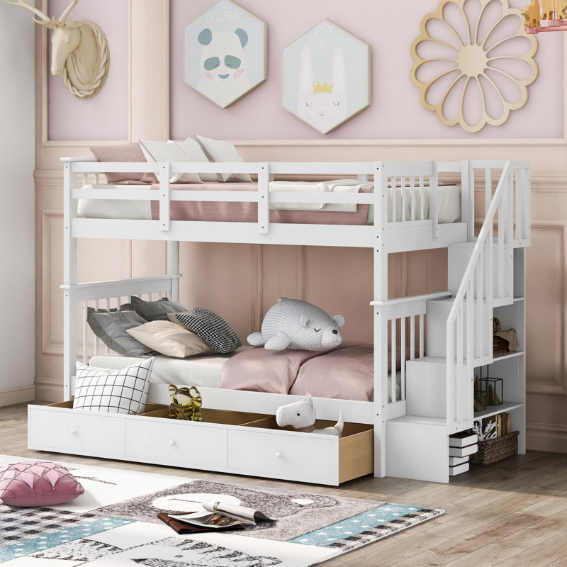 Bunk Bed With Drawer, Storage Stairs, Full Over Full, White