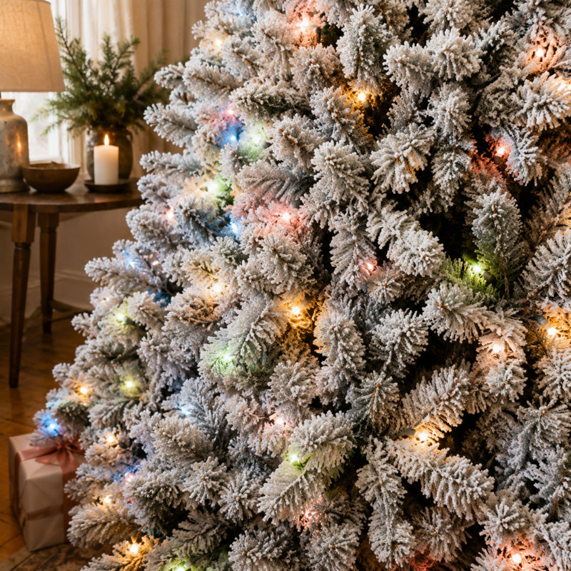 Sapin de Noël floqué de 2,13 m avec 500 lumières colorées certifiées UL et 45 pommes de pin naturelles, 7