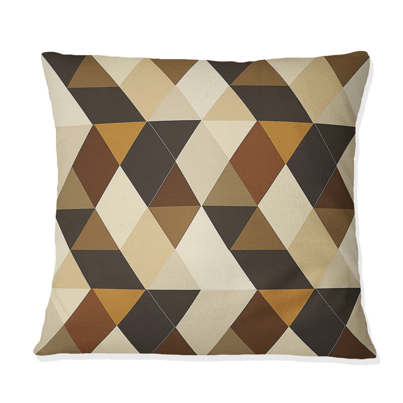 Coussin décoratif brun et beige à motif de triangles I, H 16 po x l 16 po