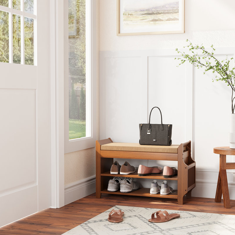 6-Pair Capacity Red-Brown Bamboo Shoe Bench with Hidden Storage