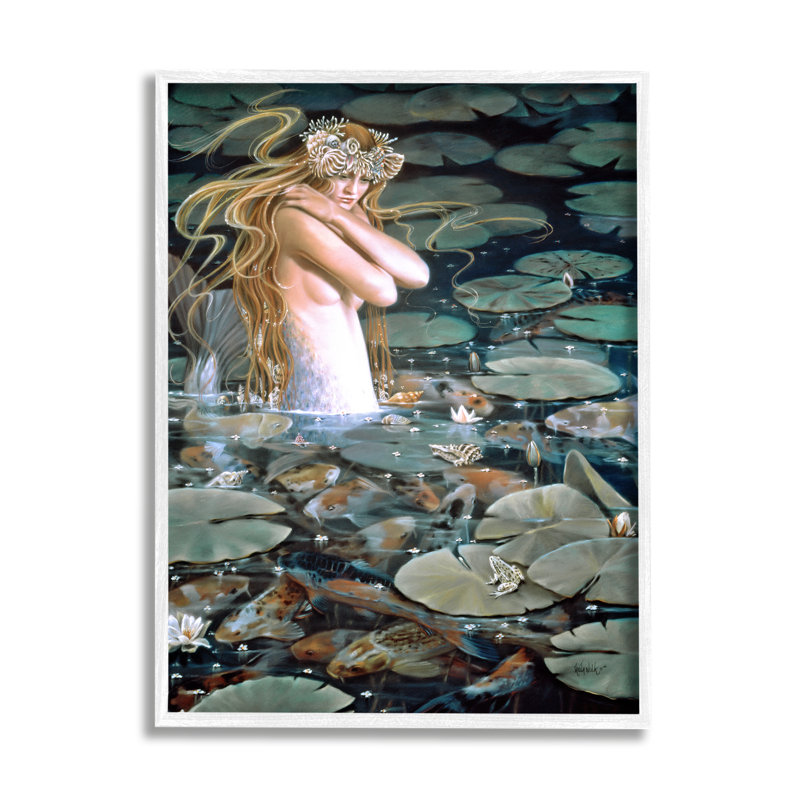 Sirène nageant dans l'eau, H 14 po x l 11 po x P 1,5 po, Giclée encadrée blanc bord de mer