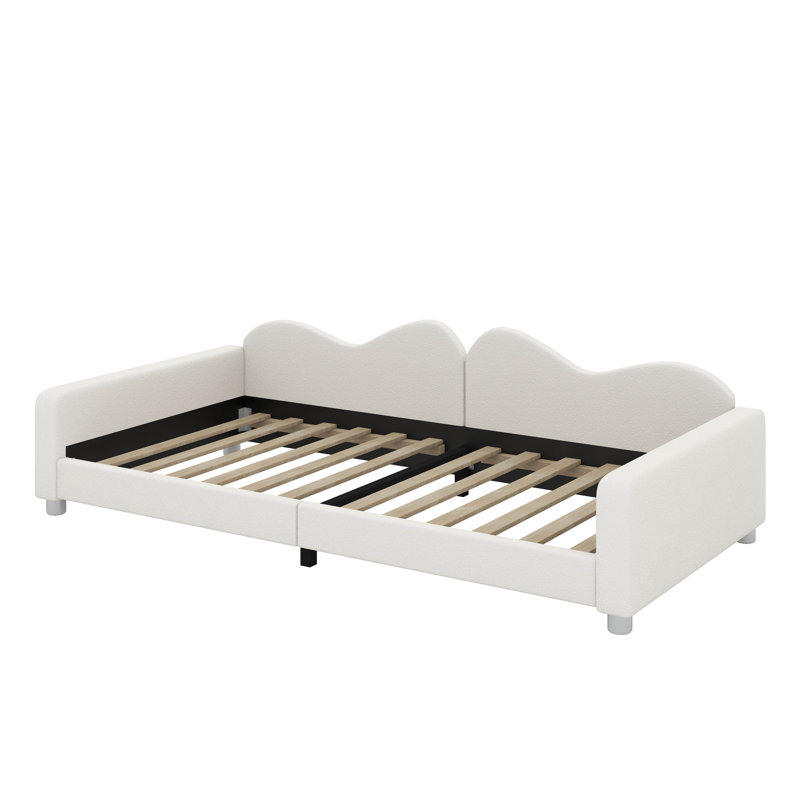 Lit rembourré en tissu sherpa avec dossier en forme de nuage, Beige, Lit simple